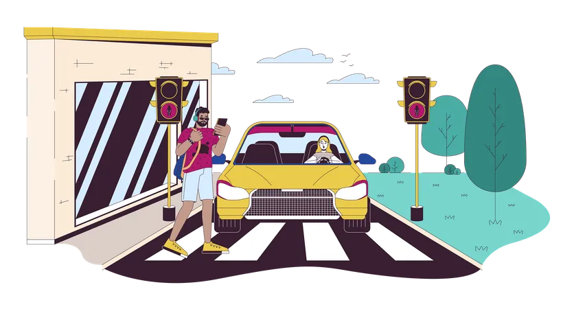 Crossing Road At Red Light Line Cartoon Flat Illustration Black Man Walking Across Street In Front Of Car 2 D Lineart Characters Isolated On White Background Accident Danger Scene Vector Color Image Illustration