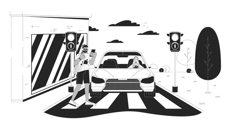 Crossing Road At Red Light Black And White Cartoon Flat Illustration Man Walking Across Street In Front Of Car 2 D Lineart Characters Isolated Accident Danger Monochrome Scene Vector Outline Image Illustration