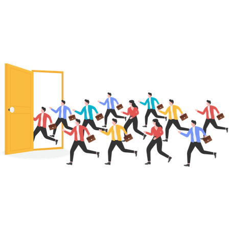 Crowd of crowded businessmen running desperately towards door  Illustration