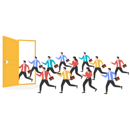 Crowd of crowded businessmen running desperately towards door  Illustration