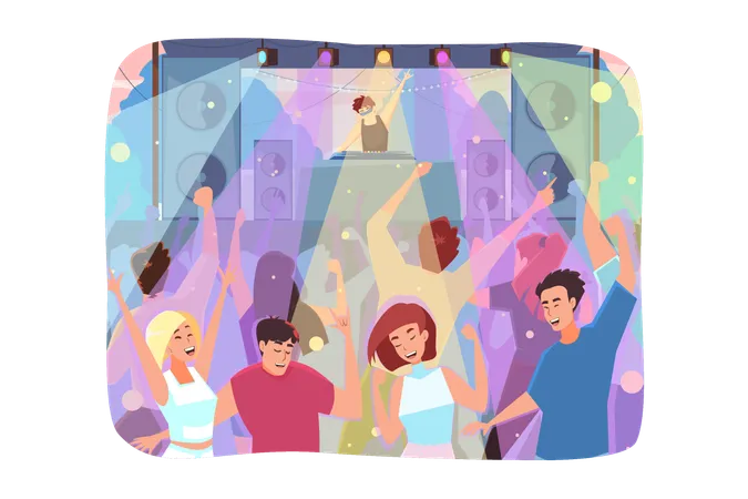 Music Party Dance Summer Fest Concept Crowd Of Happy Young Men And Women Characters Having Fun On Open Air Concert Or Dancing At Disco In Night Club Active Lifestyle And Recreation Illustration Illustration