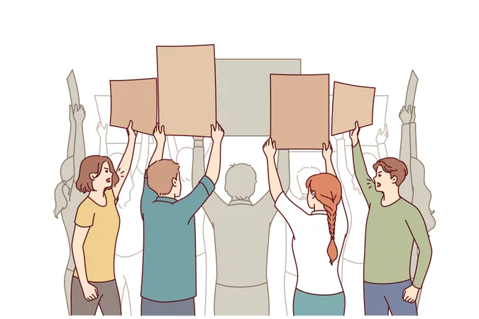 Crowd protesters people with placards oppose political changes or violation of rights  Illustration