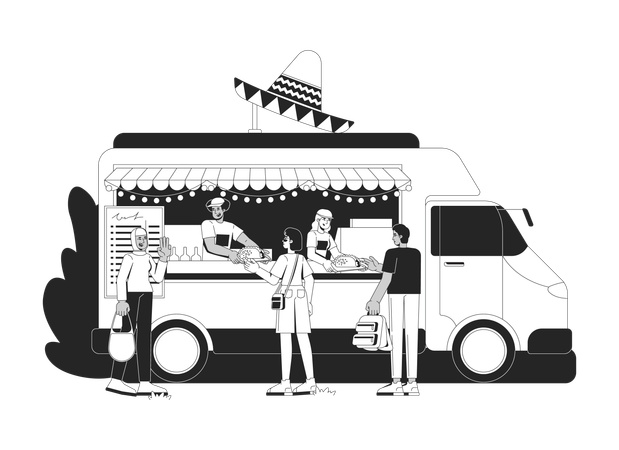 Crowded mexican food truck with tacos handoff  Illustration