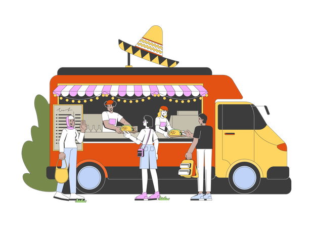 Crowded mexican food truck with tacos handoff  Illustration