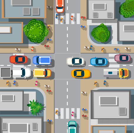 Cruce urbano con coches.  Ilustración