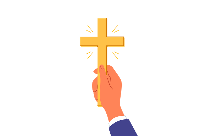 Crucifixo cristão dourado nas mãos, homem convidando para aceitar o catolicismo e frequentar a igreja para orações  Ilustração
