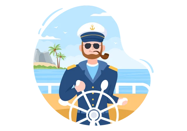 Cruise Ship Captain holding steering Illustration