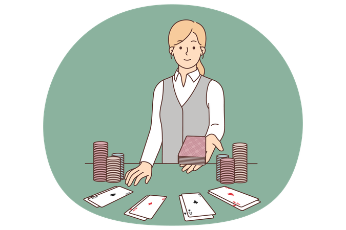Una crupier cerca de una mesa de cartas en un casino ofrece jugar al blackjack o a la preferencia en Las Vegas.  Ilustración