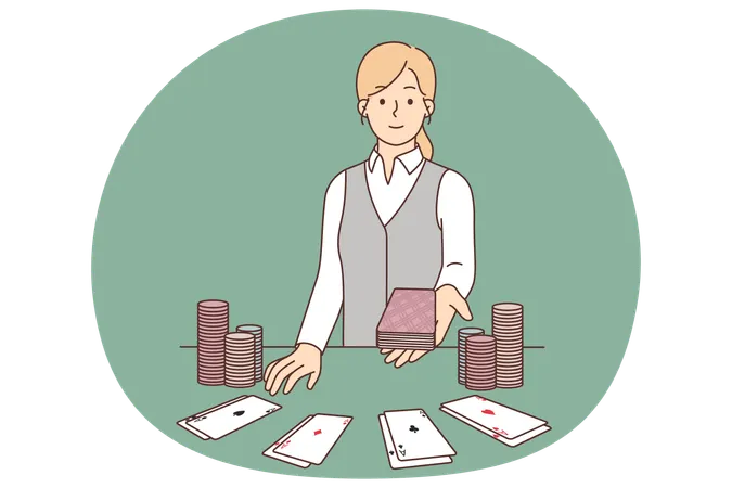 Una crupier cerca de una mesa de cartas en un casino ofrece jugar al blackjack o a la preferencia en Las Vegas.  Ilustración