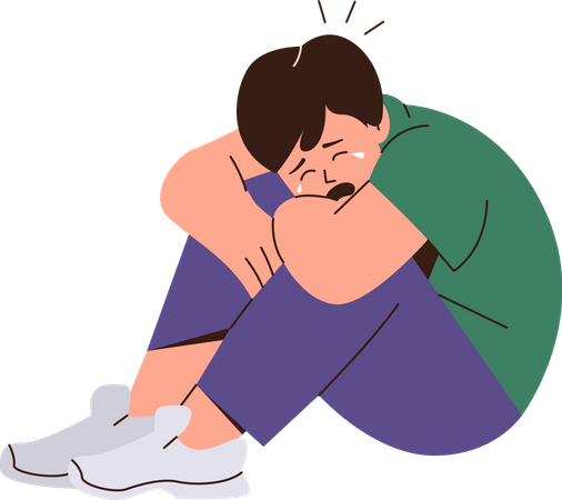 Crying and screaming little boy sitting on floor and hugging knees  Illustration