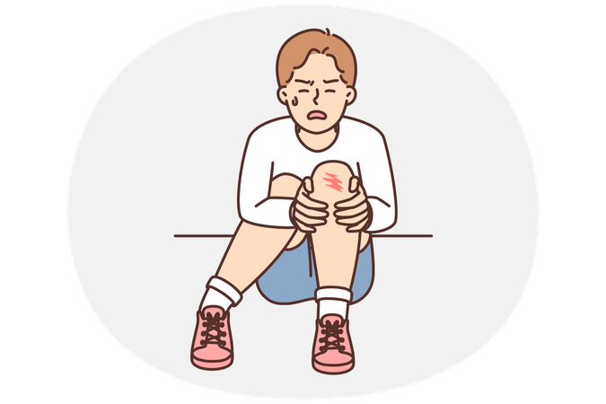 Crying boy sits on ground and holds on to injury on knee after fall during walk  Illustration