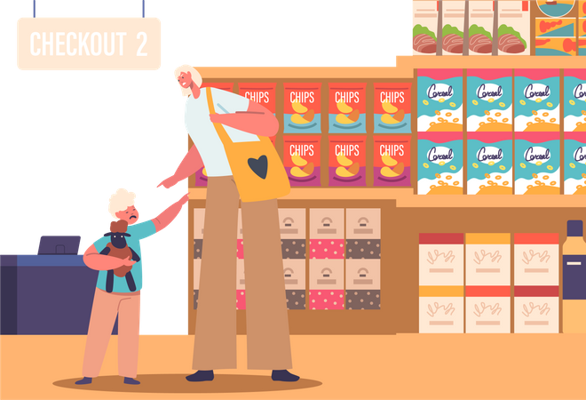 Crying Child In ASupermarket Demanding to Buy Chips  Illustration