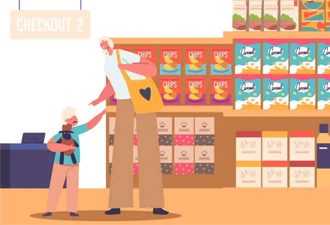 Crying Child In ASupermarket Demanding to Buy Chips  Illustration