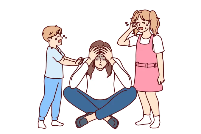 Crying Children Near Upset Mother Suffering From Financial Problems And Bankruptcy Or Husband Leaving Family Little Girl And Boy Are Stressed With Mother Because Of Fathers Accident Illustration
