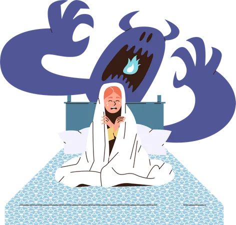 Crying creaming scared girl of monster suffering from nightmare sitting in bed  Illustration