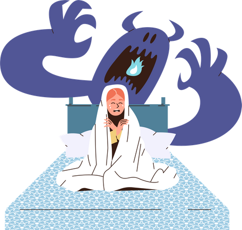 Crying creaming scared girl of monster suffering from nightmare sitting in bed  Illustration