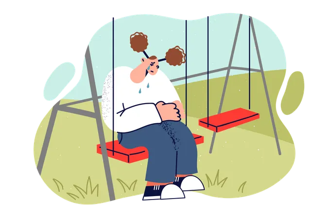 Crying girl sits on swing alone and is sad because of absence of father and mother  Illustration