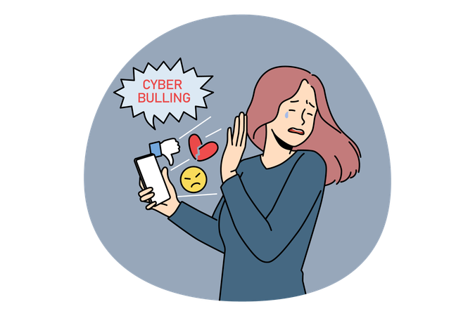 Crying girl standing and trying not to look at smartphone with dislikes and negative information  Illustration