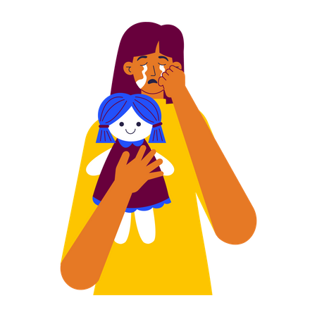 Crying kid holding doll  Illustration