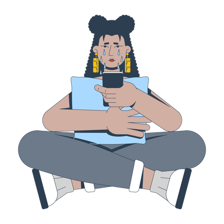 Crying latina woman cross-legged holding phone and pillow  Illustration