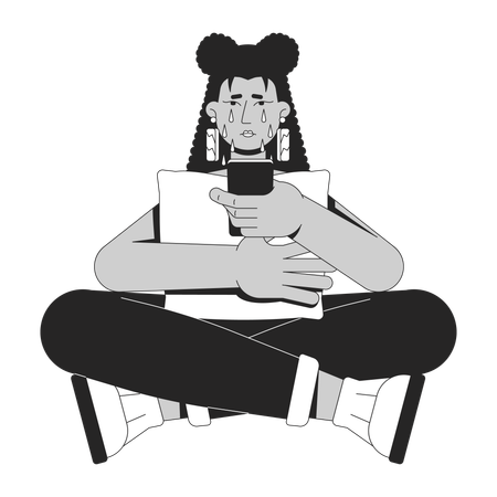 Crying latina woman cross-legged holding phone and pillow  Illustration