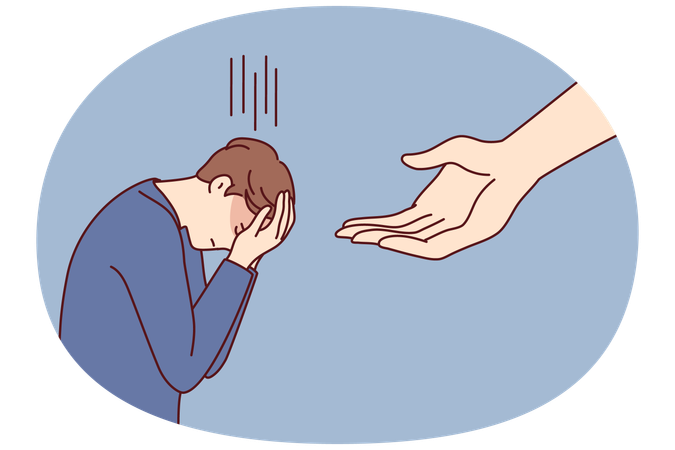 Crying man covers face bowing head  Illustration