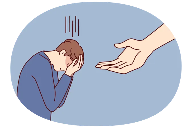 Crying man covers face bowing head  Illustration