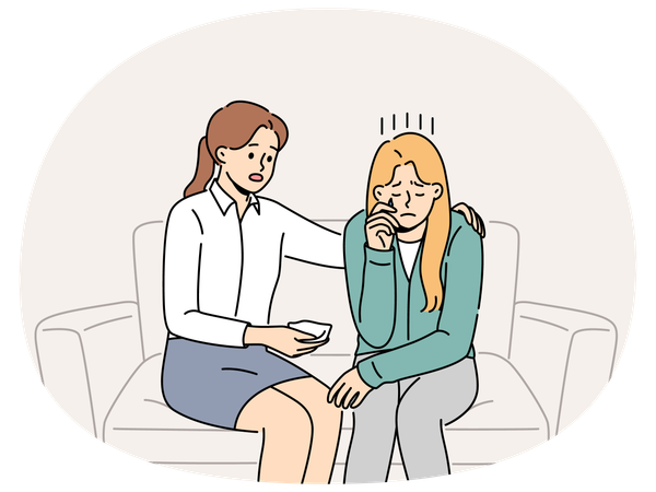 심리학자의 접수실에서 소파에 앉아 스트레스를 겪고 있는 환자를 위로하는 울고 있는 여성  일러스트레이션