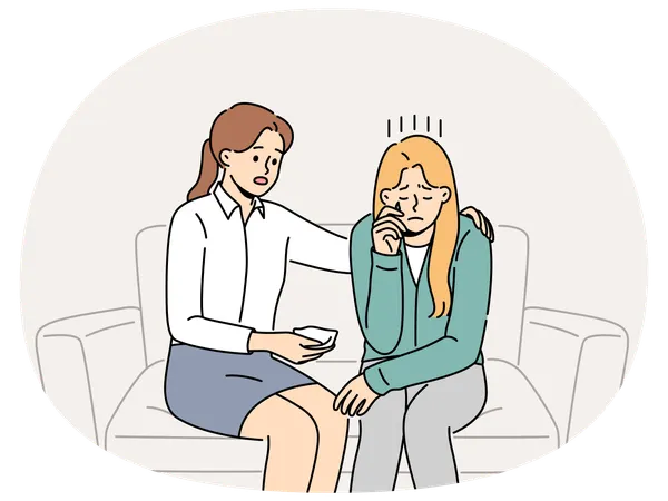 심리학자의 접수실에서 소파에 앉아 스트레스를 겪고 있는 환자를 위로하는 울고 있는 여성  일러스트레이션