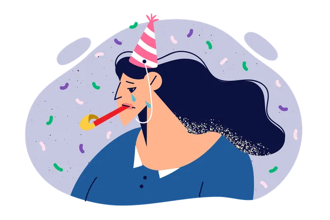 Crying woman celebrates her birthday and suffers from depression caused by lack of friends  Illustration