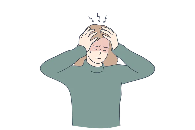 Stress Headache Depression Concept Unhappy Depressed Stressed Young Girl Touching Head With Fingers Feeling Headache Stress And Exhaustion Pain And Grief Illustration Illustration