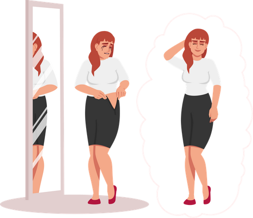 Crying Woman In Front Of Mirror Because of fatness  Illustration