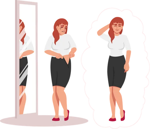 Crying Woman In Front Of Mirror Because of fatness  Illustration