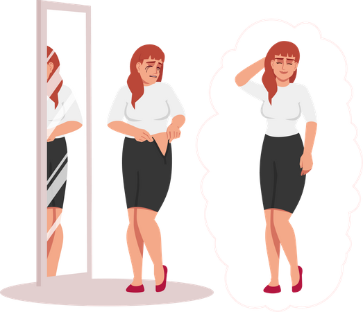 Crying Woman In Front Of Mirror Because of fatness Illustration