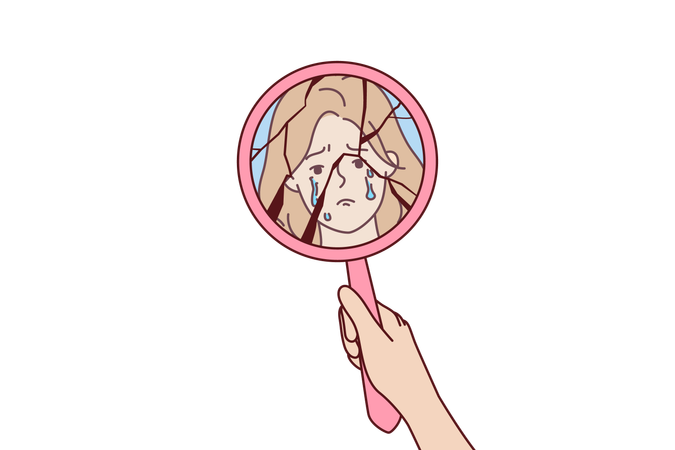 Crying woman is seeing broken mirror  Illustration