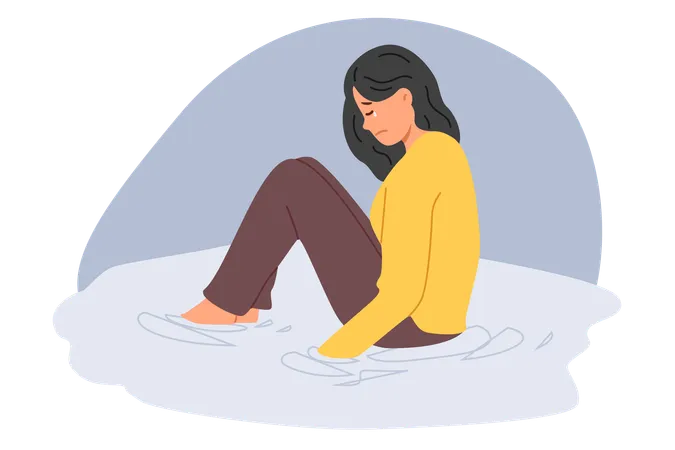 Crying woman sits in puddle of tears suffering from depression after breaking up with boyfriend  Illustration