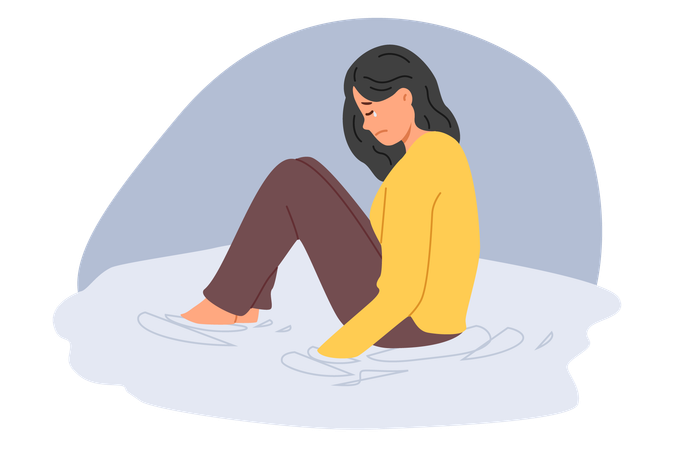 Crying woman sits in puddle of tears suffering from depression after breaking up with boyfriend  Illustration