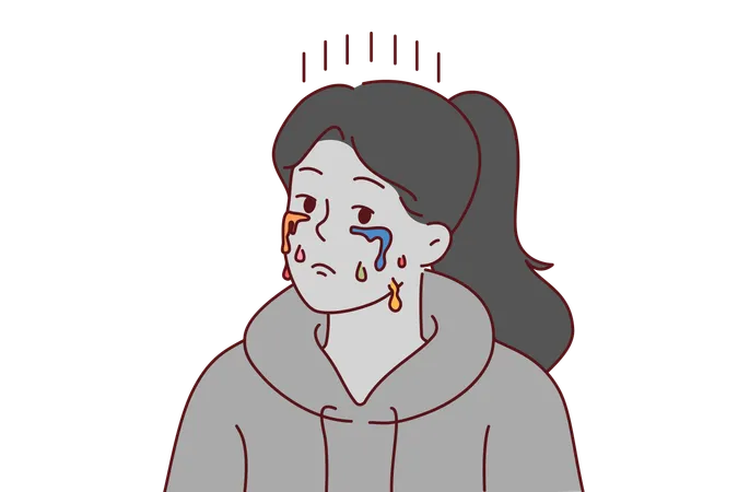 Crying woman with depressed grimace and multi-colored tears  Illustration