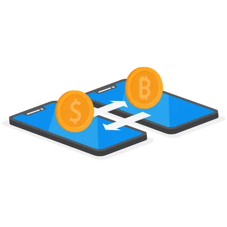 Crypto Currency Exchange Bitcoin Financial Technology Exchange Digital Money Via Smartphone P 2 P Peer To Peer And Fintech Flat Vector Illustration Illustration