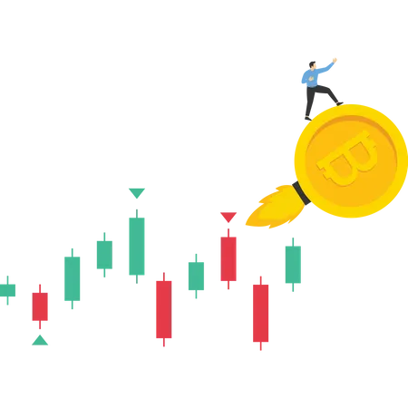 Crypto Currency Graph Flying High To The Moon Rocket Stock Make Profit Investment Trading Stock Crypto Price Rising Vector Illustration Design Concept In Flat Style Illustration