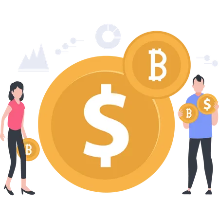 There Is A Boy And A Girl Holding Crypto And Dollar Coins Illustration