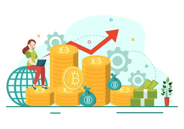 Bitcoin Vector Illustration With Cryptocurrency Coins Of Blockchain Technology Buy Or Sell Trading Crypto Market Exchange Value In Flat Background イラスト