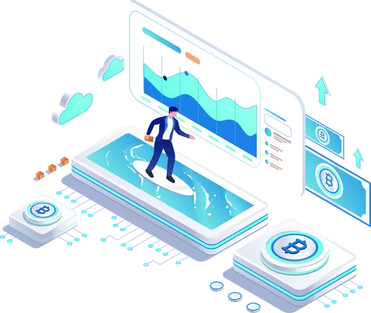 Crypto Surfing Investment Isometric Vector Illustration