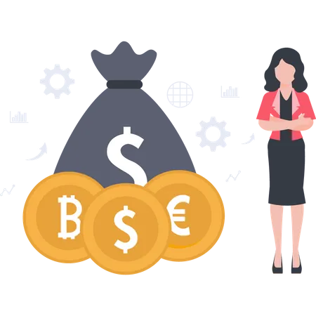 A Girl Standing With A Cryptocurrency Bag Illustration
