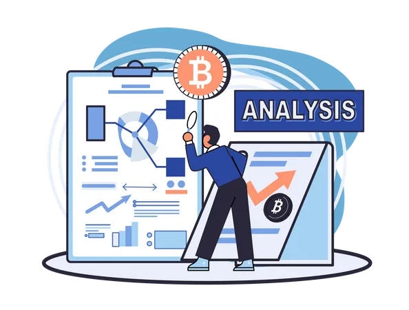 Statistical Analysis And Investment Plans Cryptocurrency Bank Digital Trading Blockchain Financial Fnalysis Diagram Fintech Technology Bitcoin Mining Crypto Currency Marketplace Man Analyzes Chart Illustration