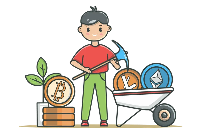 Crypto Mining Concept In Flat Line Design Crypto Business Color Outline Scene Man Holding Miner Pick And Standing By Wheelbarrow With Litecoin Ethereum Bitcoin Vector Illustration With Web Icon Illustration