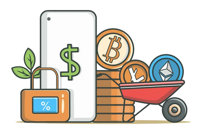 Crypto Mining Concept In Flat Line Design Crypto Business Color Outline Scene Objects Composition With Bitcoin Litecoin Ethereum In Wheelbarrow Stack Of Coins Vector Illustration With Web Icon イラスト