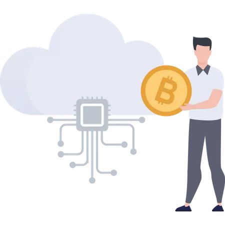 A Boy With A Bitcoin Standing Near A Cloud Computing Network Illustration