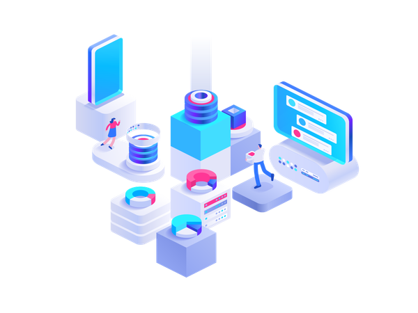 Cryptocurrency exchange isometric concept. People working on crypto business, bitcoin mining, data analysis. Marketing, development, financial tools. Vector character illustration in isometry design  Illustration