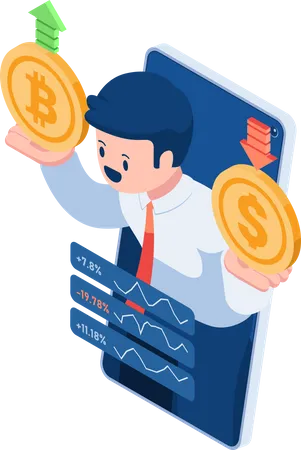 Flat 3 D Isometric Businessman Or Trader Holding Bitcoin And Dollar Coin Cryptocurrency Exchange Platform Concept Illustration